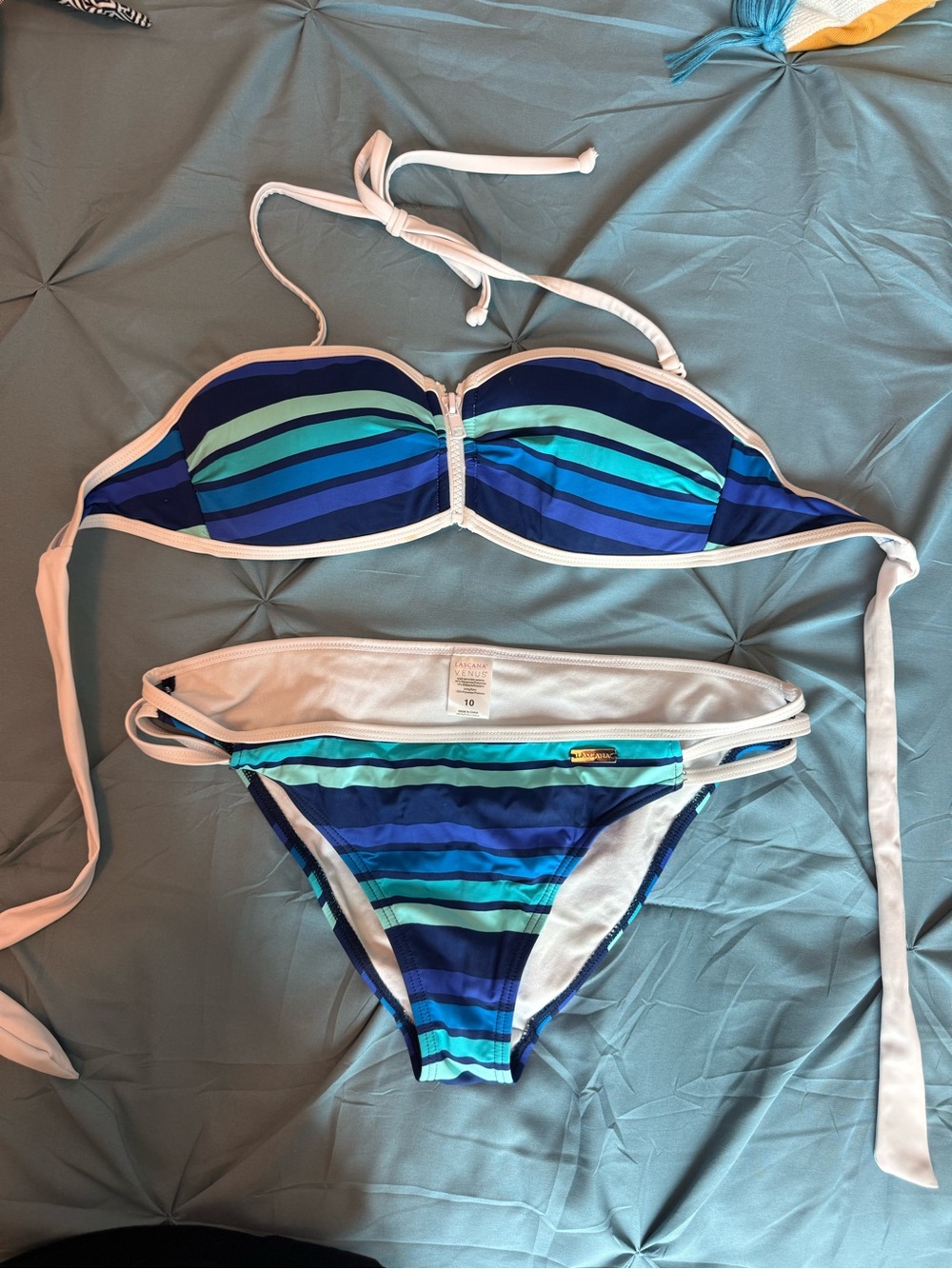 VENUS Blue and Aqua Striped Bandeau Bikini Top 34B, Bottom 10